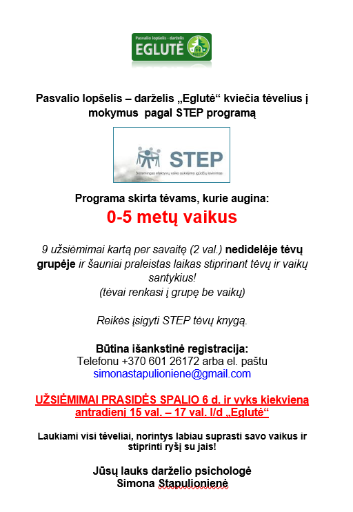 Pasvalio lopšelis-darželis „Eglutė“ kviečia tėvelius į mokymus pagal STEP programą